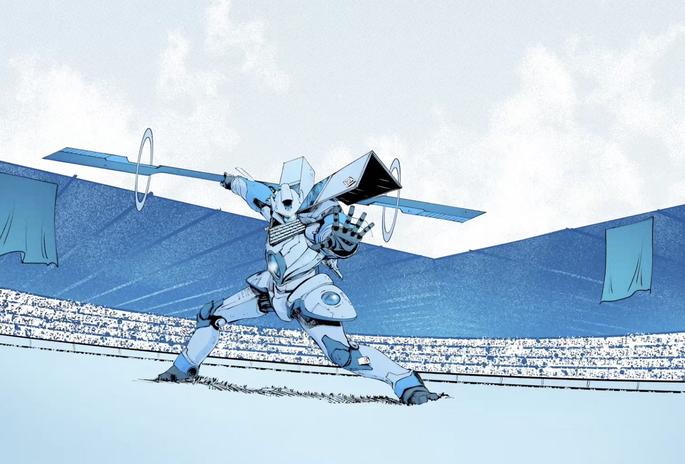 A futuristic robot with a camera on its head, holding a laptop and a keyboard, in a stadium with blue banners, against a light sky background. Andrea Rania animation director