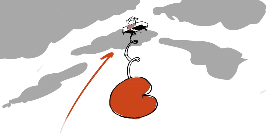 A cartoon-style illustration of Angry birds with a red heart being pulled up into the sky by a black cable, with gray clouds in the background and a small helicopter at the top of the cable. Andrea Rania animation director