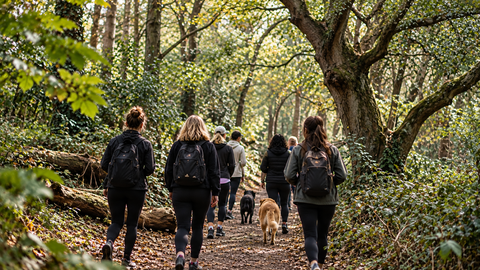 Group of adults walking together through woodland as part of a community outdoor activity.