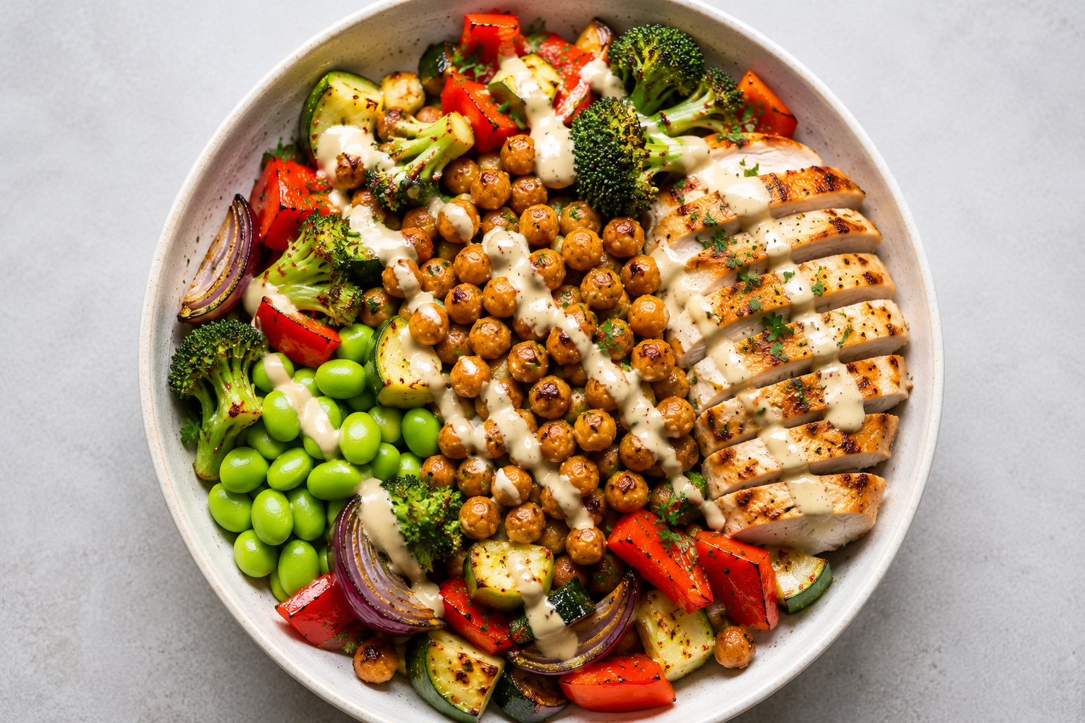 High-Protein Roasted Chickpea &amp; Chicken Veggie Bowl