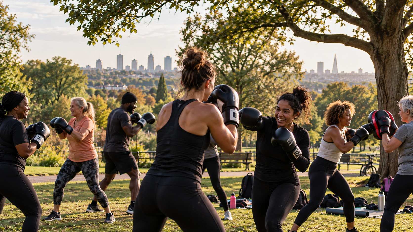 Diverse group of adults taking part in an outdoor boxing session in a London park.