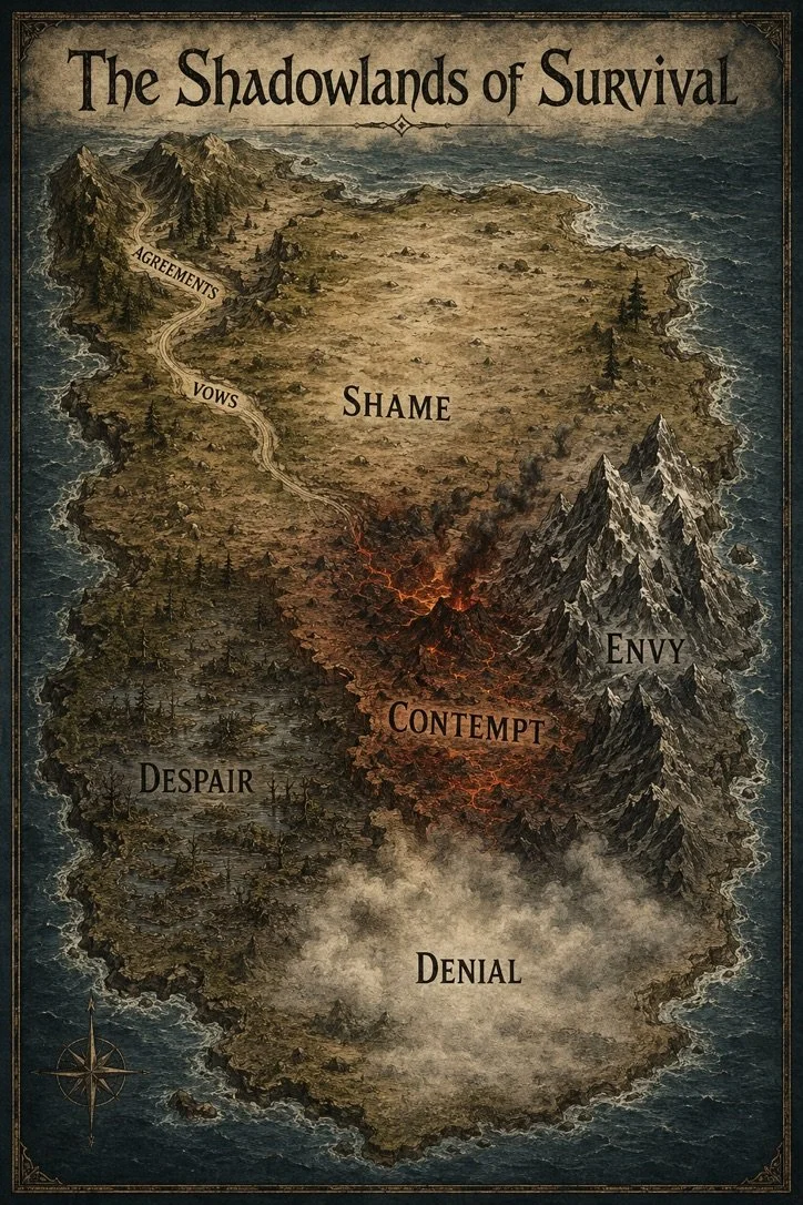 Illustrated map titled ‘The Shadowlands of Survival,’ depicting a rugged landscape labeled with shame, envy, contempt, despair, denial, vows, and agreements.