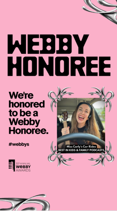 Celebration of being honored as a Webby Honoree with a pink background, a photo of a smiling woman in a car, decorative silver floral designs, and text indicating her recognition in the 30th Annual Webby Awards.