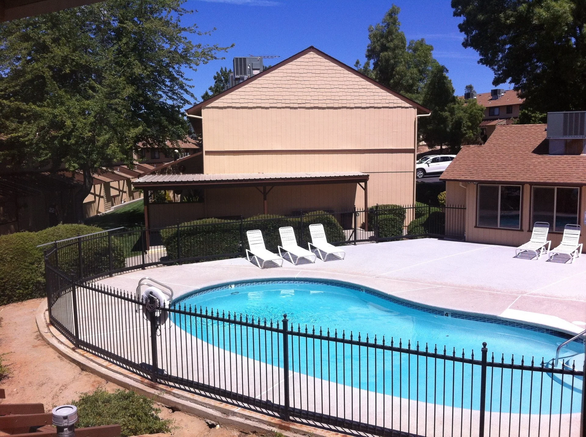 Exterior view of the pool and deck chairs