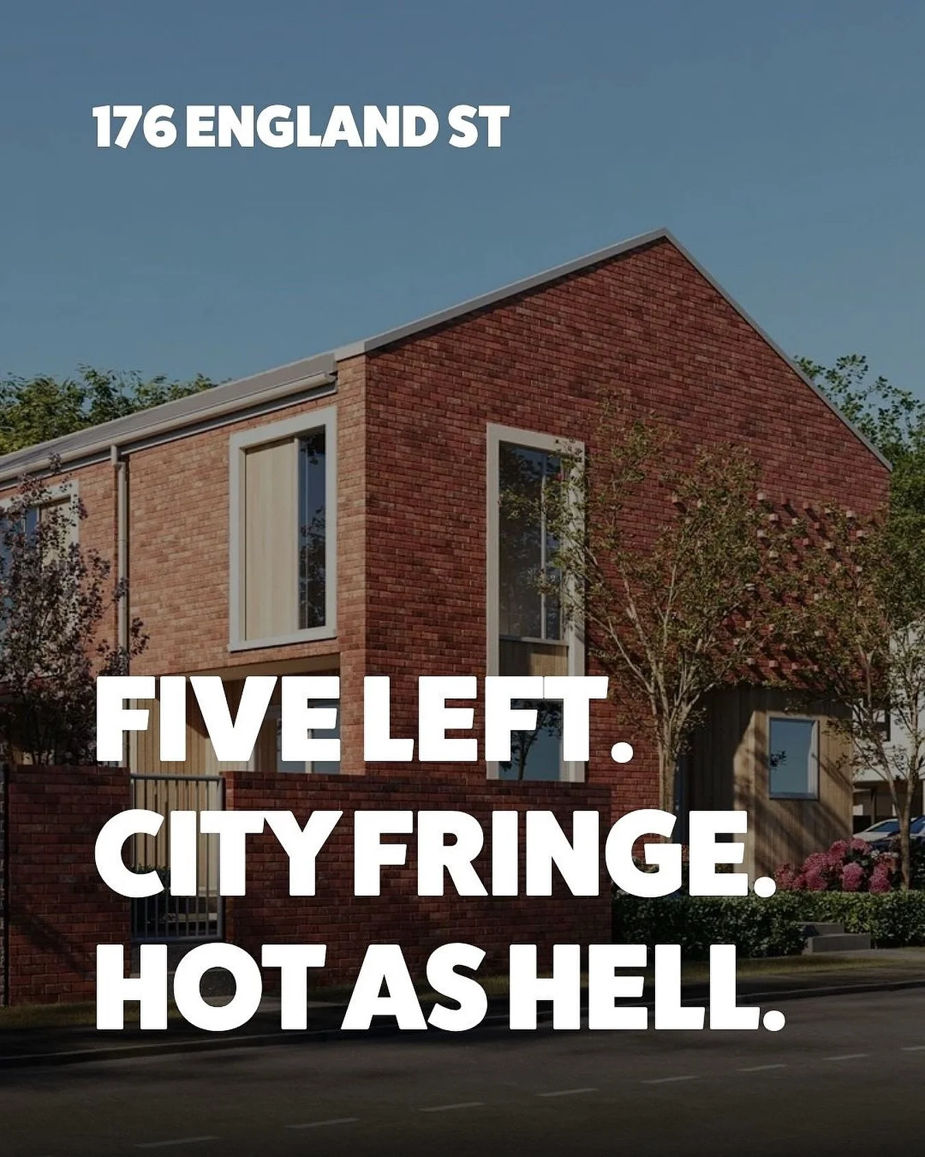 Five homes left at 176 England Street &mdash; two-bedroom, two-bathroom townhouses with carparks and private courtyards. City fringe, design-led, and priced from $525,000.

Not every smart move makes a headline. But this one should.

📍176 England St
