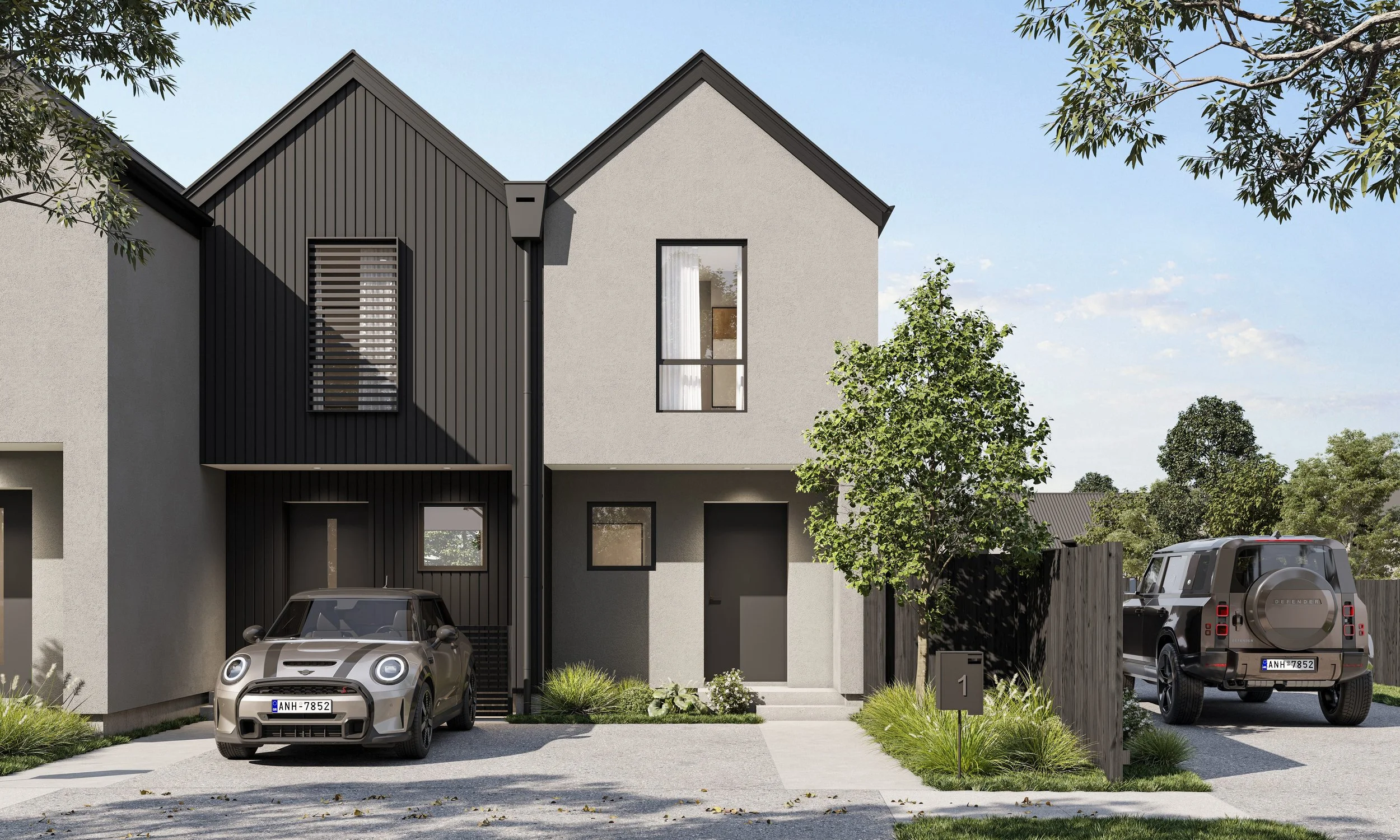 Modern two-story house with a gray and black exterior, front yard, two cars parked in driveway, and trees around.