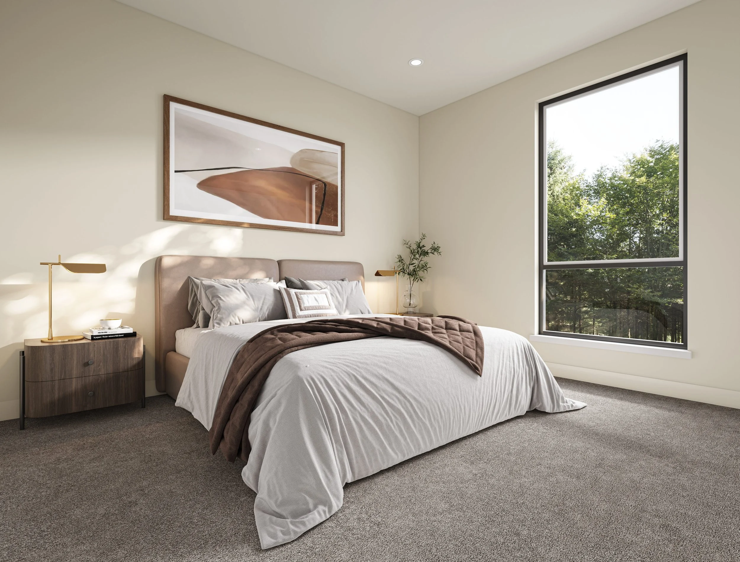 Modern bedroom with beige bed, brown blanket, bedside table, lamp, large window, and abstract art above the bed