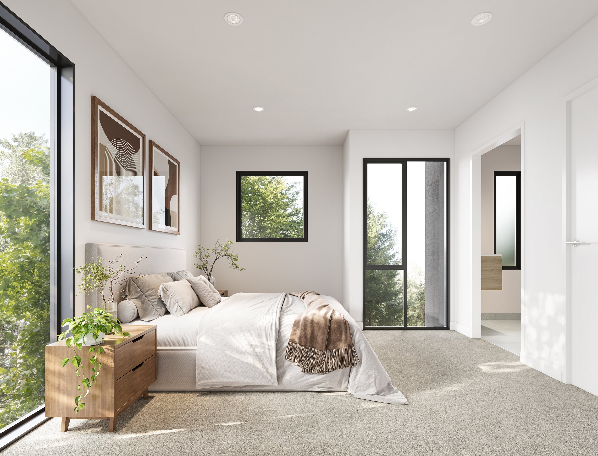 A modern bedroom with white walls, beige carpet, a bed with white bedding, and wooden nightstands with plants. Large windows let in natural light and show trees outside. Abstract art hangs above the bed.