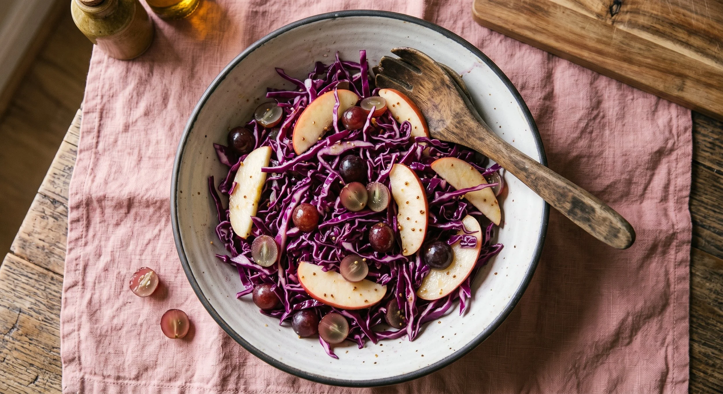 Ensalada Crujiente de Repollo Morado, Manzana y Uvas