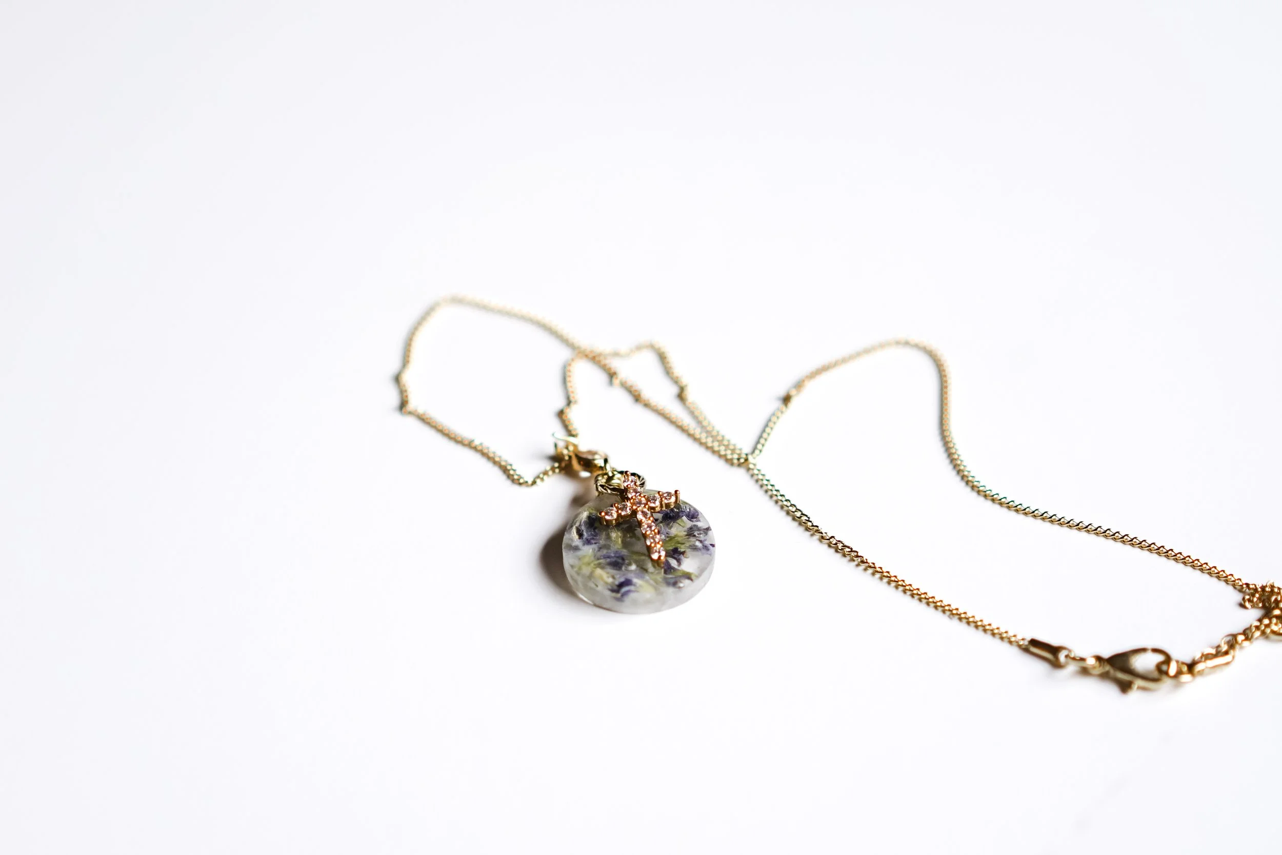 Purple Flower White Resin Cross Necklace.JPG