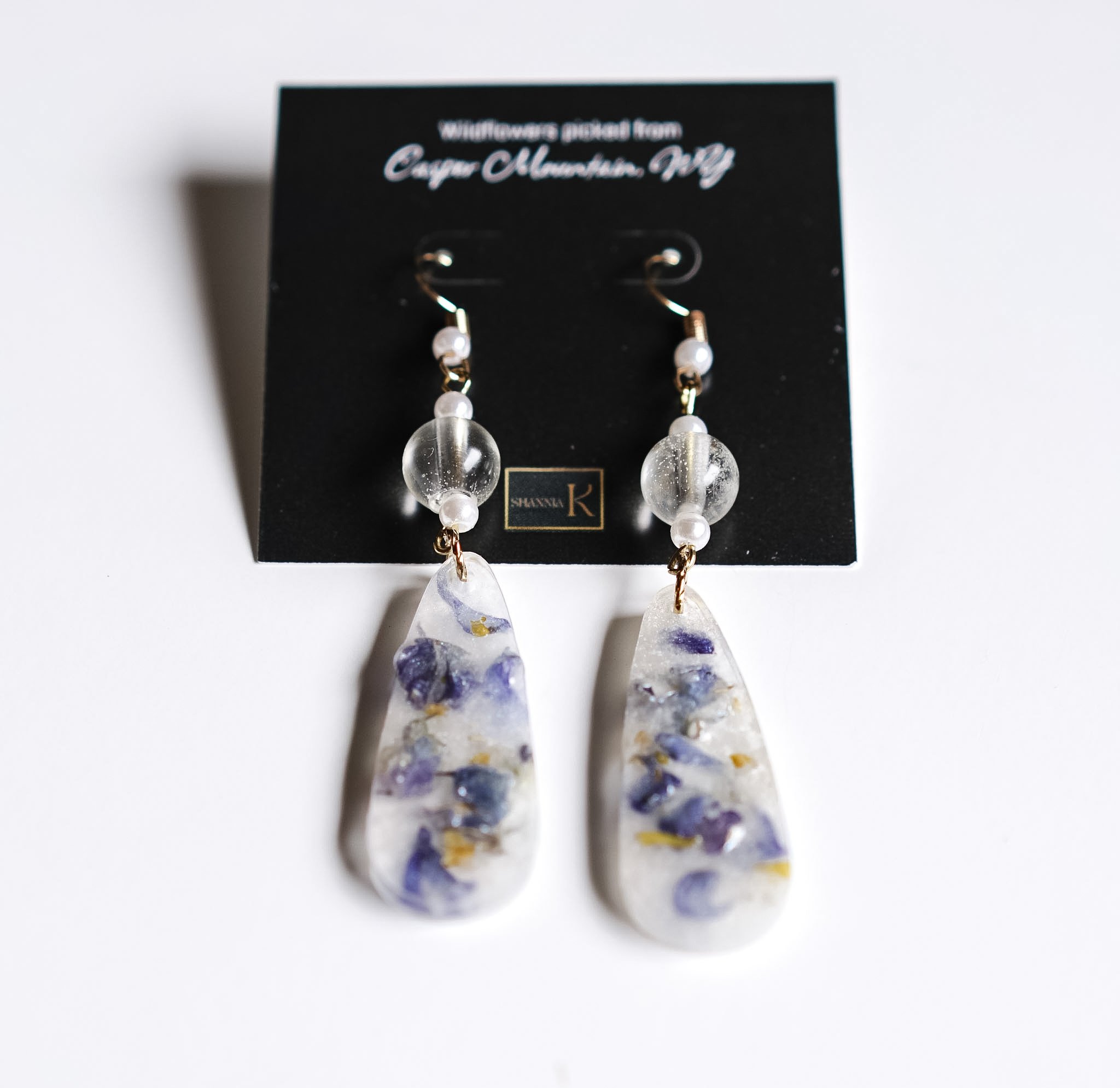 Purple and Yellow Flower | Translucent White Earrings