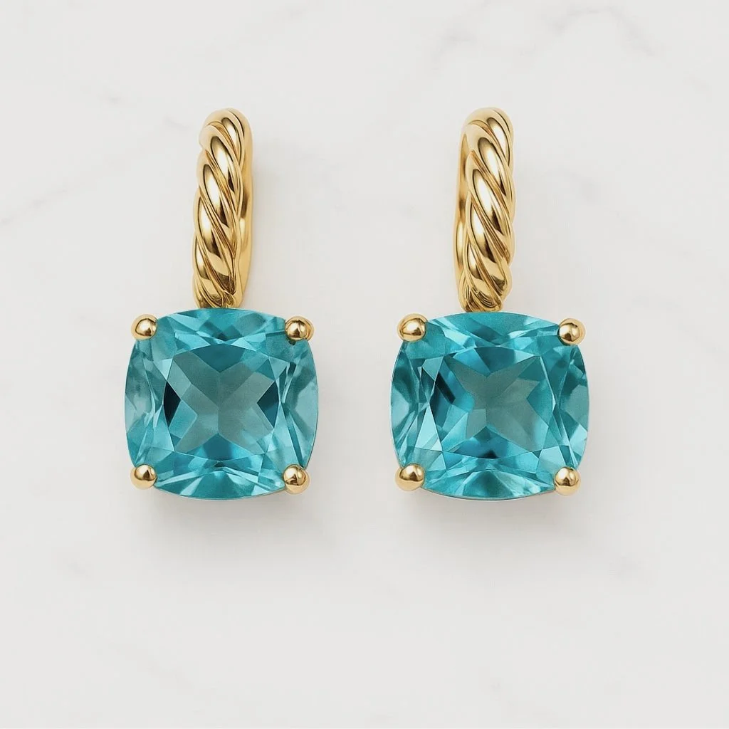 Drop Earrings Set with 13.95 Total Carats of London Blue Topaz Set in 7.53g of 18K Yellow Gold. Commissioned For: R M