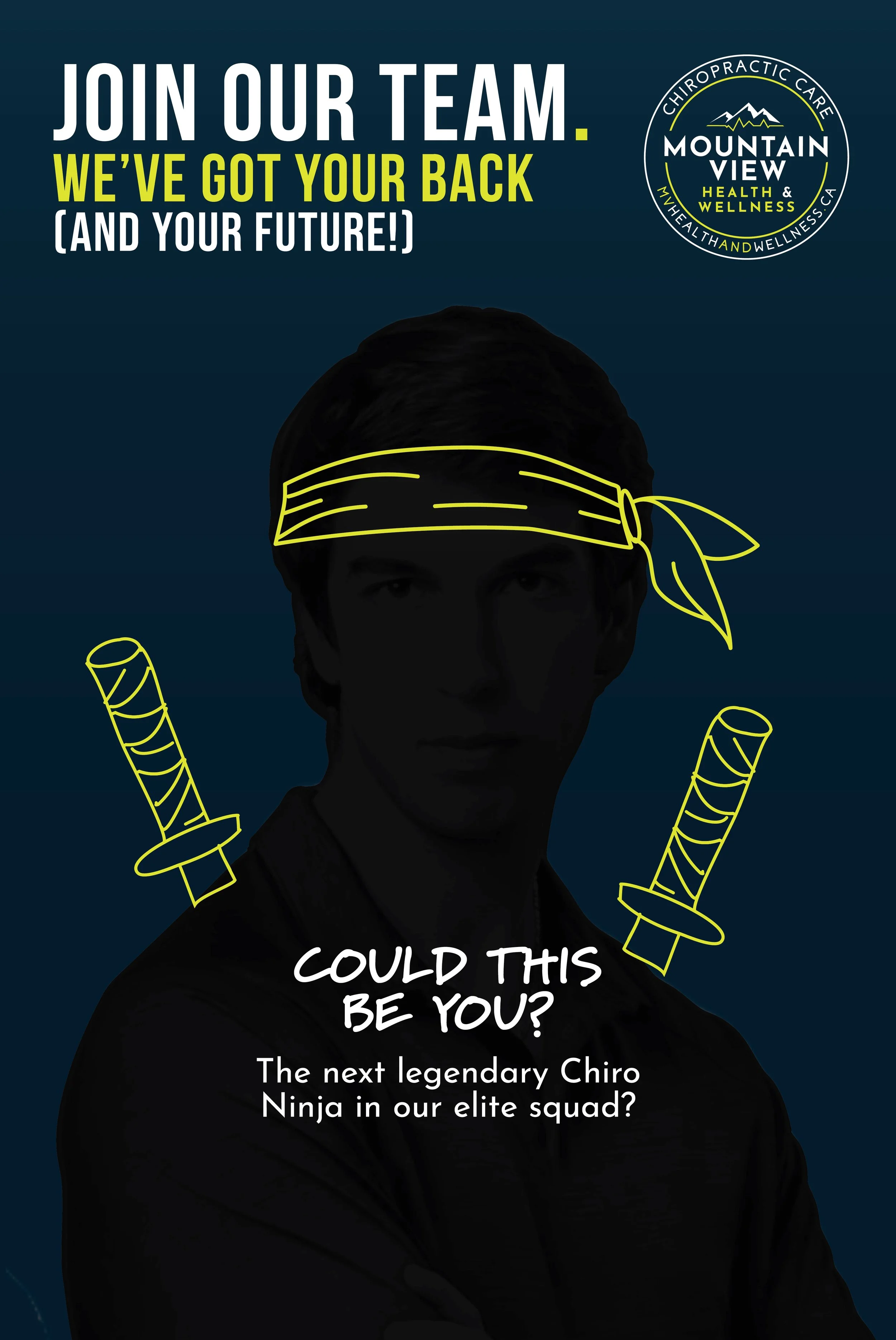 Advertisement for chiropractic care at Mountain View Health & Wellness, featuring a young man with a headband and two swords, promoting joining their team as a chiropractor or ninja.