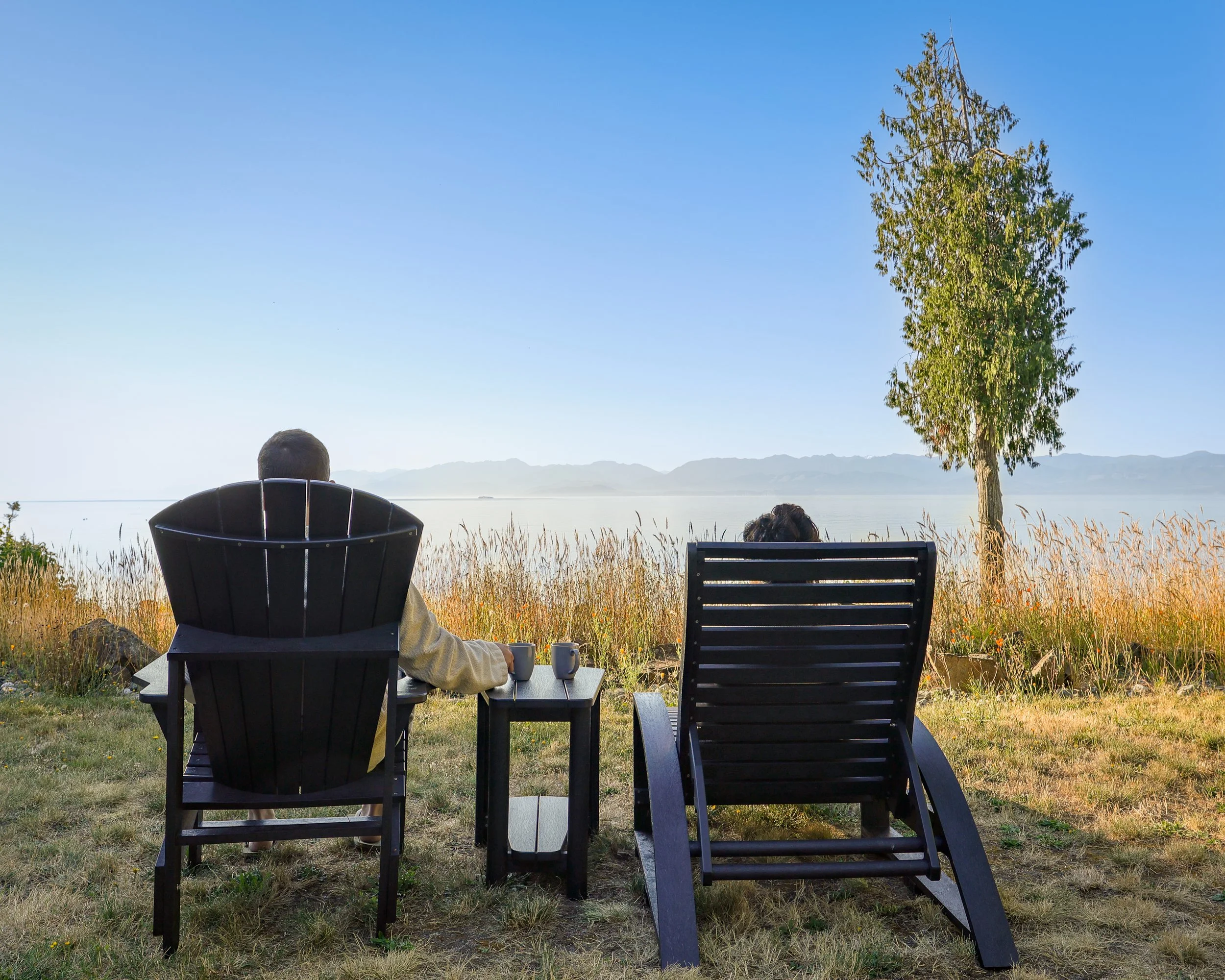 Two people sitting on farm-style chairs facing a body of water with mountains in the distance, a tree on the right, and tall grasses between the chairs and water, under a blue sky.