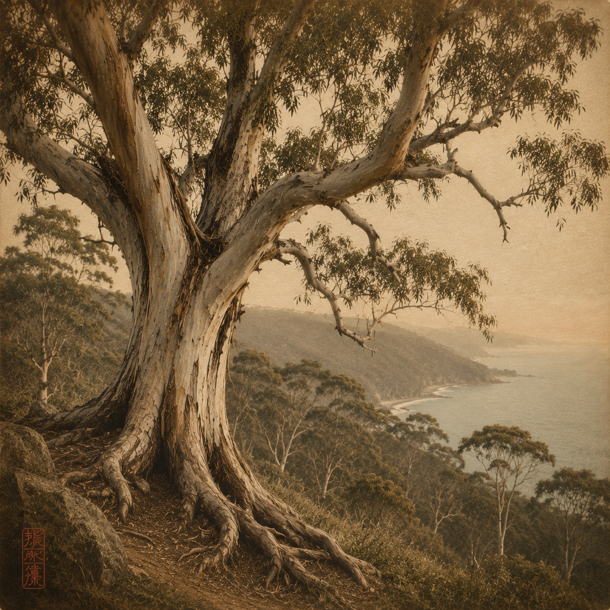 Old Australian eucalypt rooted above the coast, representing embodiment, groundedness and relationship with the living world.