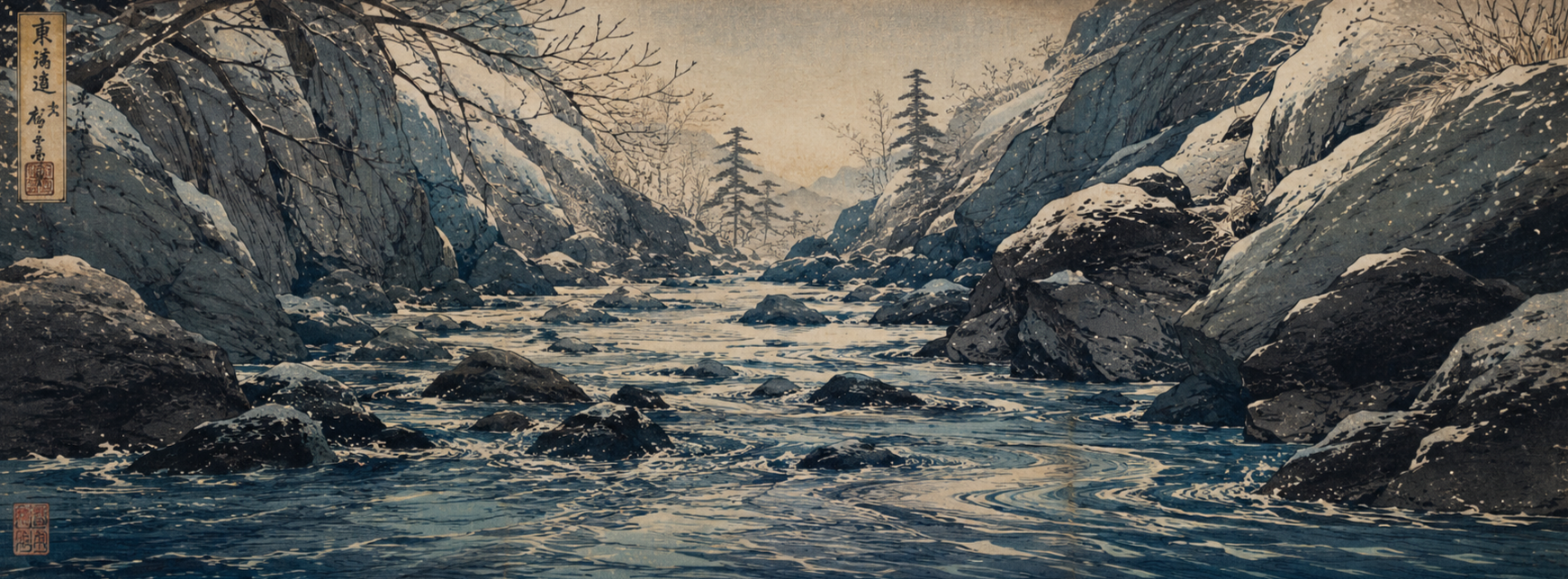Japanese woodblock-style winter river flowing through a rocky ravine, accompanying a seasonal yoga and pranayama practice for the Water Element.