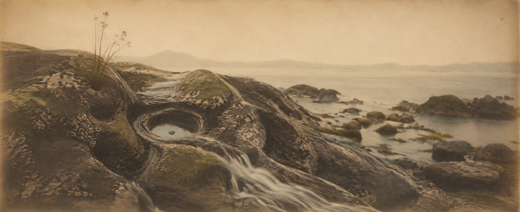 Rocky coastal landscape with a circular tidal pool beside the sea