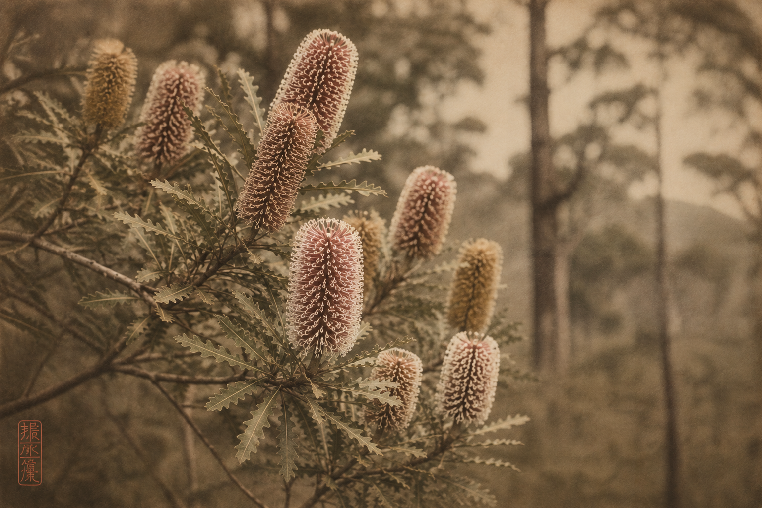 Flowering Australian banksia representing the psyche, seasonal change and the inner life of nature.