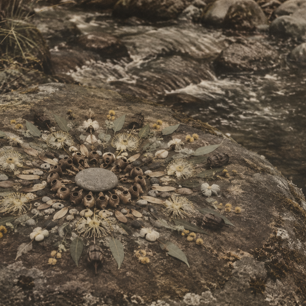 Flower mandala arranged on sandstone in the Australian bush, representing seasonal workshops, gatherings and special events