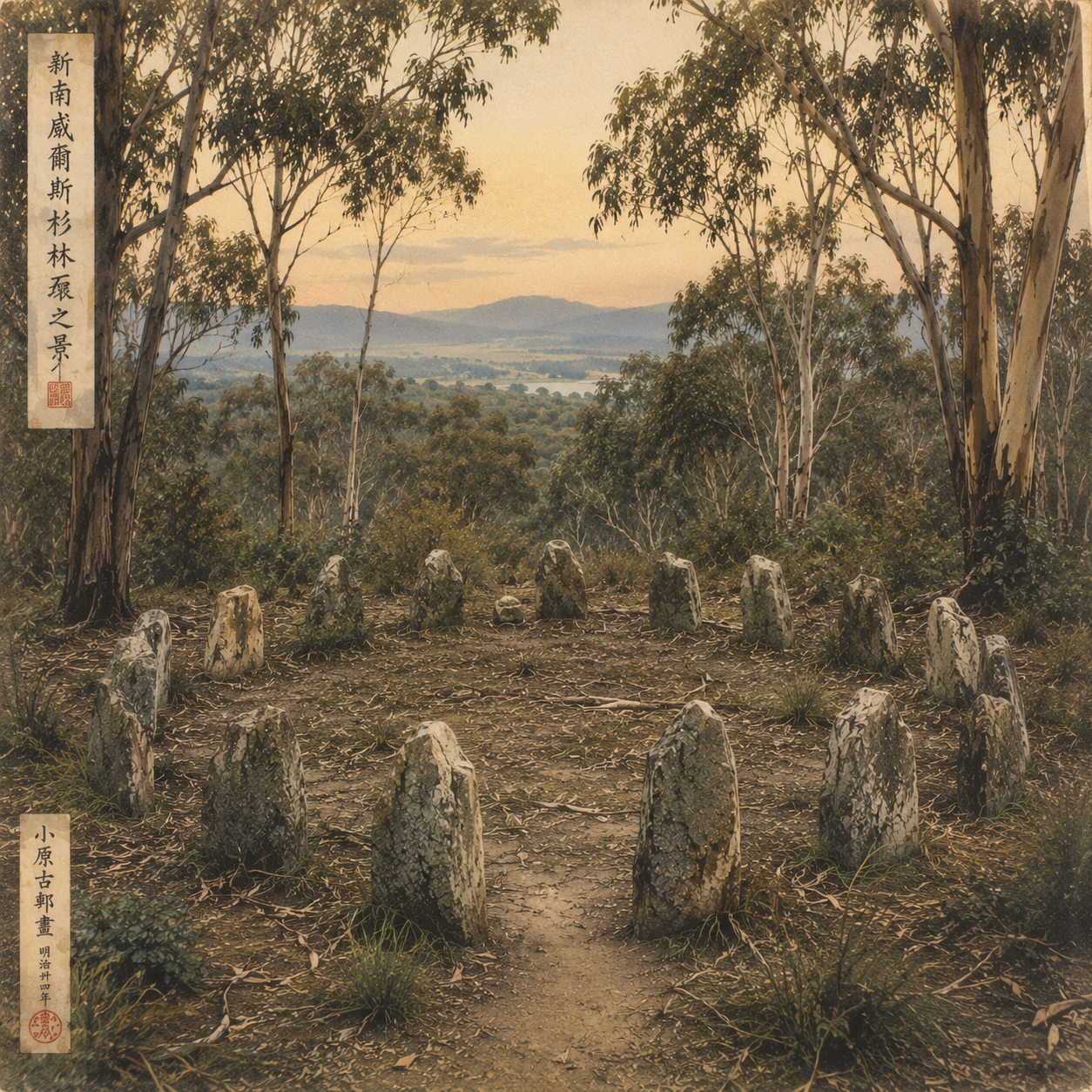 Hand-coloured photograph of a weathered stone circle in Australian bushland, representing an ongoing online practice of yoga, meditation and breathwork.