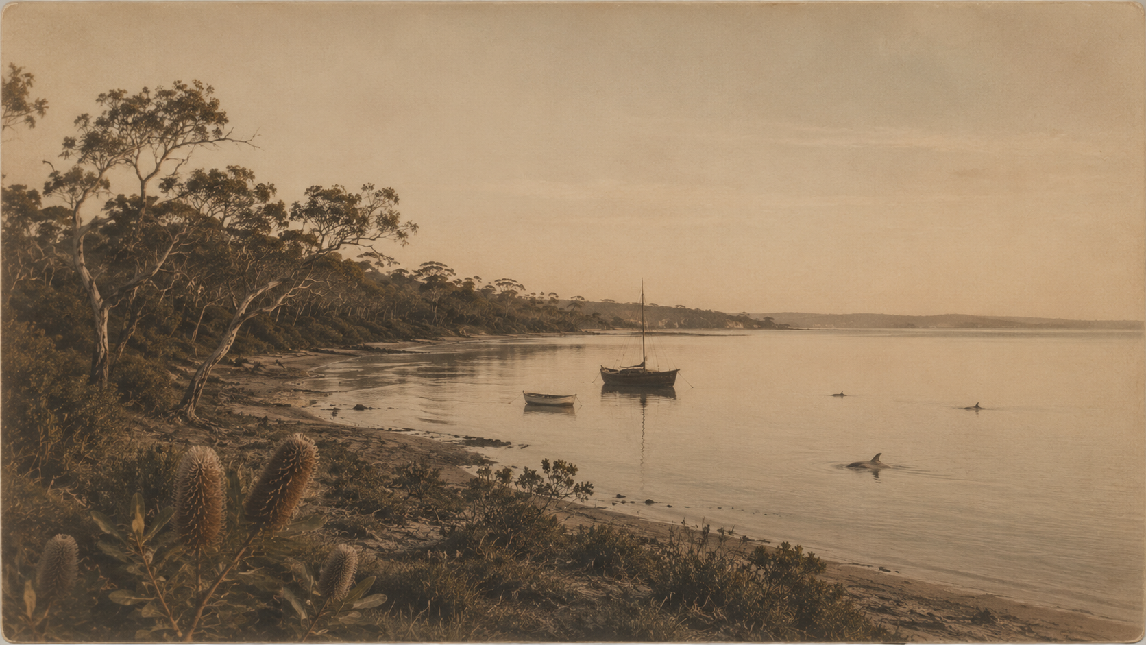 Historic-style coastal view of Callala Beach and Jervis Bay with banksias, eucalyptus and dolphins, illustrating seasonal yoga and breathwork on the NSW South Coast.
