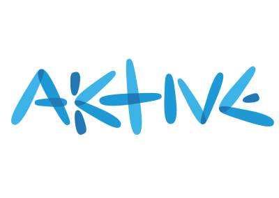 Stylized text "AKTIVE" in blue and turquoise.