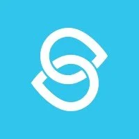 White abstract logo resembling two interlocking teardrop shapes on a blue background.