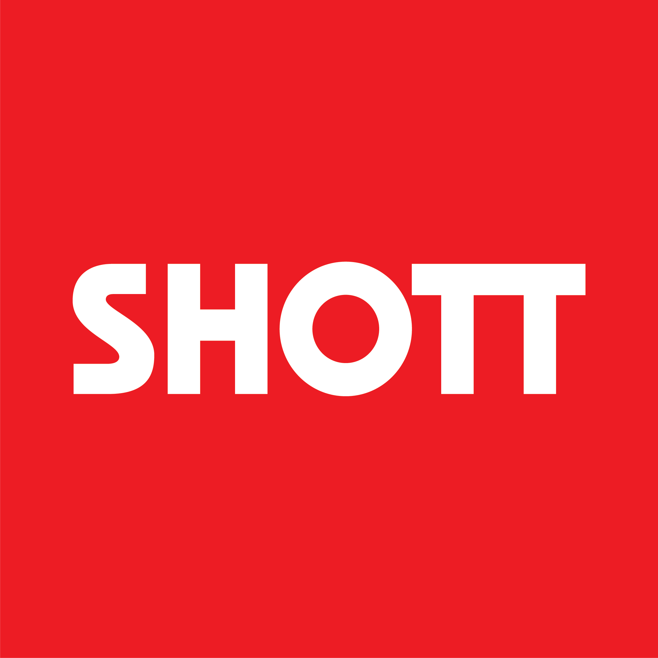 Red background with white text "SHOTT" in bold, sans-serif font.