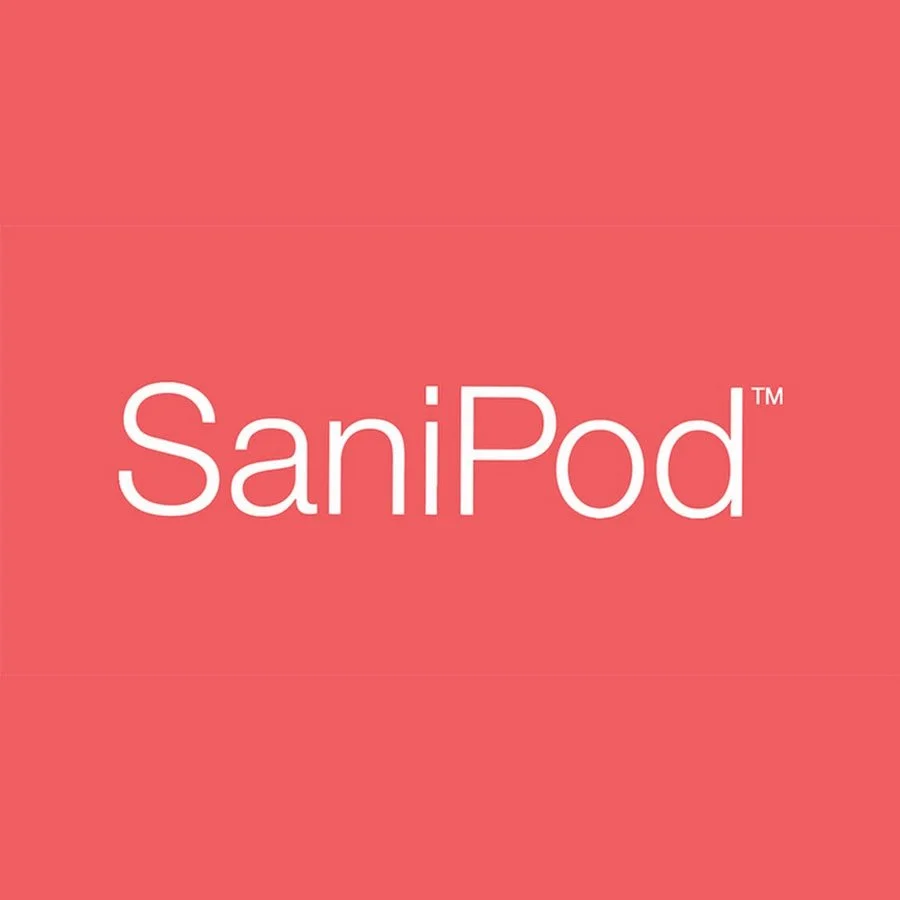 SaniPod logo on a coral red background.