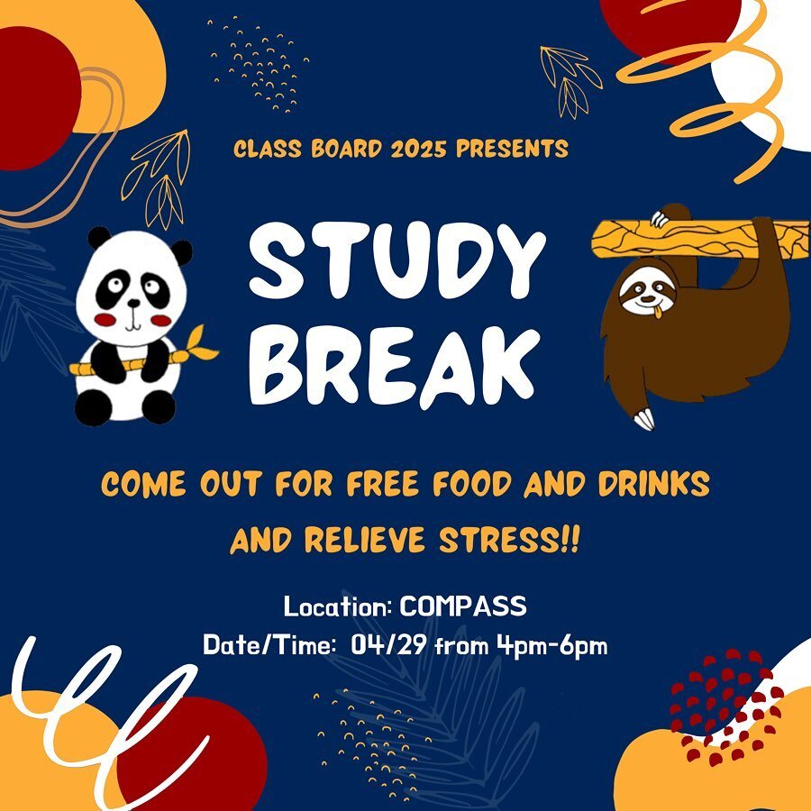 ‼️LOCATION CHANGED TO COMPASS &amp; TIME CHANGED TO 4pm-6pm‼️
come to our STUDY BREAK event this Friday (today) to relieve stress!!❤️💙🙉

the event will take place at the COMPASS from 4pm to 6pm. we&rsquo;ll have free food and drinks for you to enjo