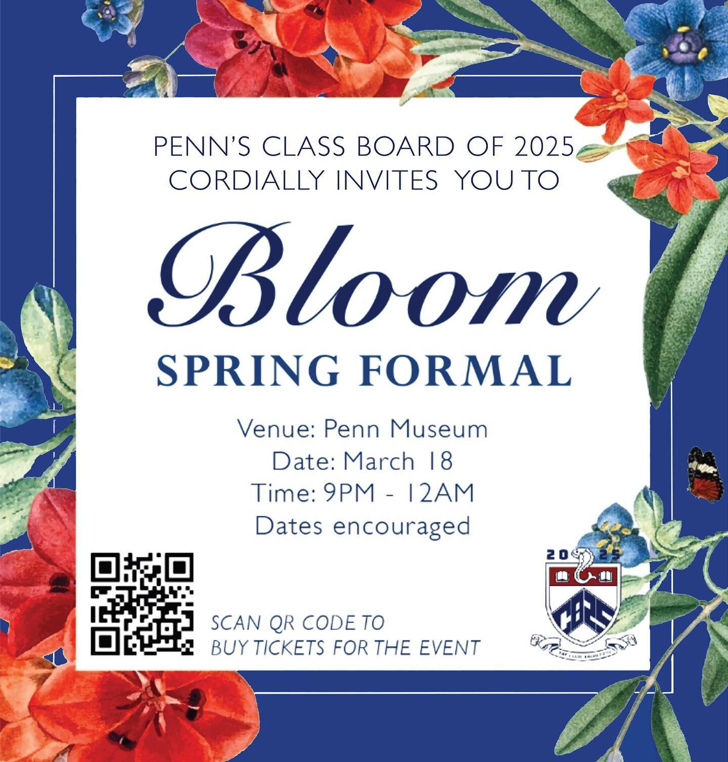 Penn&rsquo;s Class Board of 2025 is SUPER EXCITED to announce the biggest event of freshman year&hellip; Bloom: Spring Formal!!🌷🌸🌹🌺🌼💐&nbsp;

tickets are currently SOLD OUT but some spots will reopen a couple days before the event. click the lin