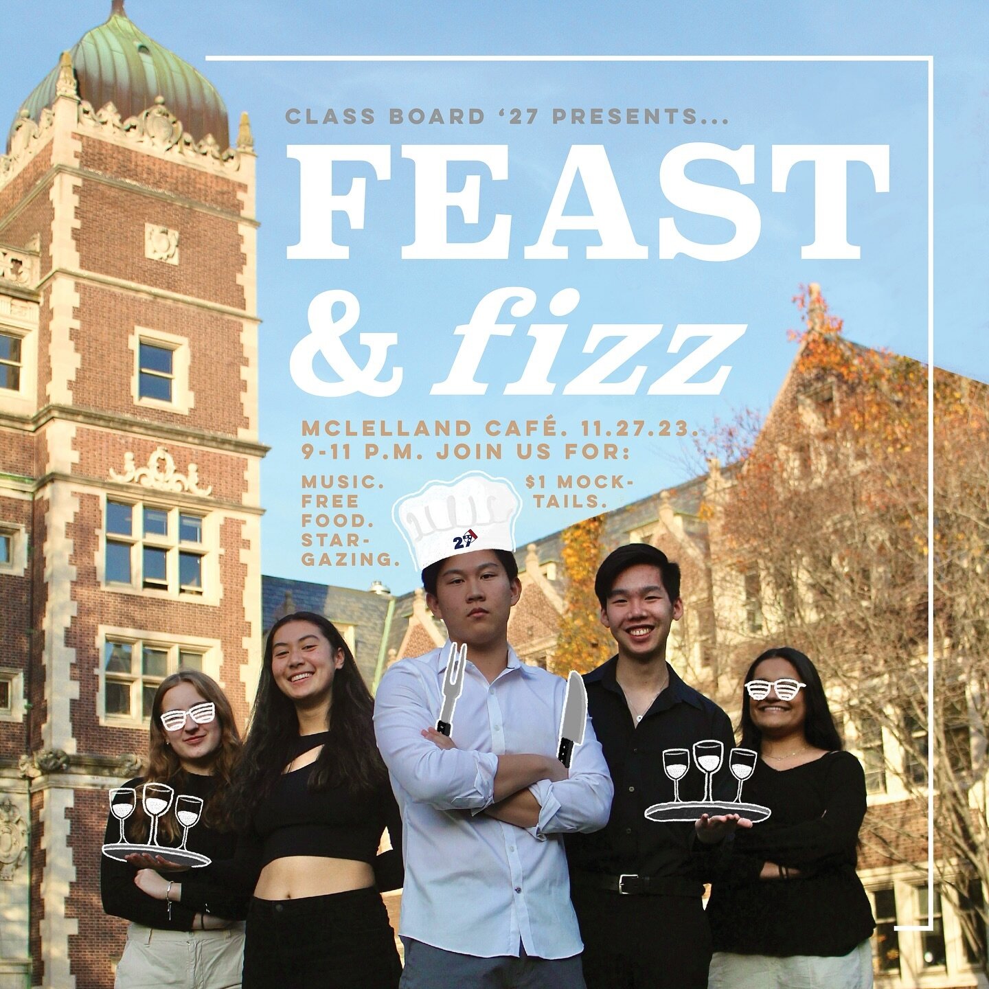 🍽 FEAST AND FIZZ 🥂 | Mon, Nov 27th @ Quad 9 pm to 11 pm

Looking for free food and a time to reconnect with friends after break? Get hyped for Feast and Fizz with catered food, mocktails, and music by DJ Faraz! ALL FRESHMEN INVITED!