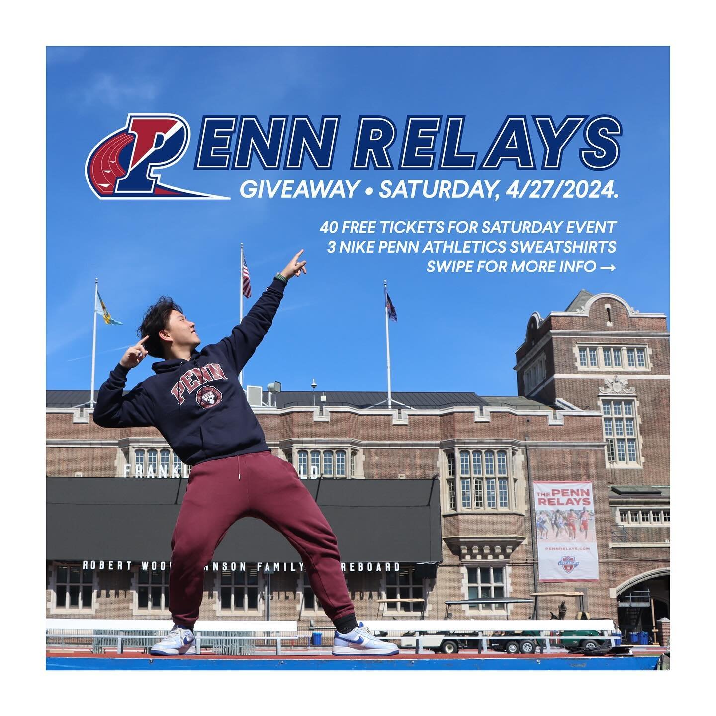 🏃&zwj;♂️ On your mark, get set, GO!!! 🏃&zwj;♂️&zwj;➡️

CB &rsquo;27 is excited to partner with Penn Athletics and Penn Relays to offer 40 FREE tickets to Penn Relays on Saturday AND 3 Nike Penn Sweaters.

To Enter into the Giveaway:
1. Follow @upen