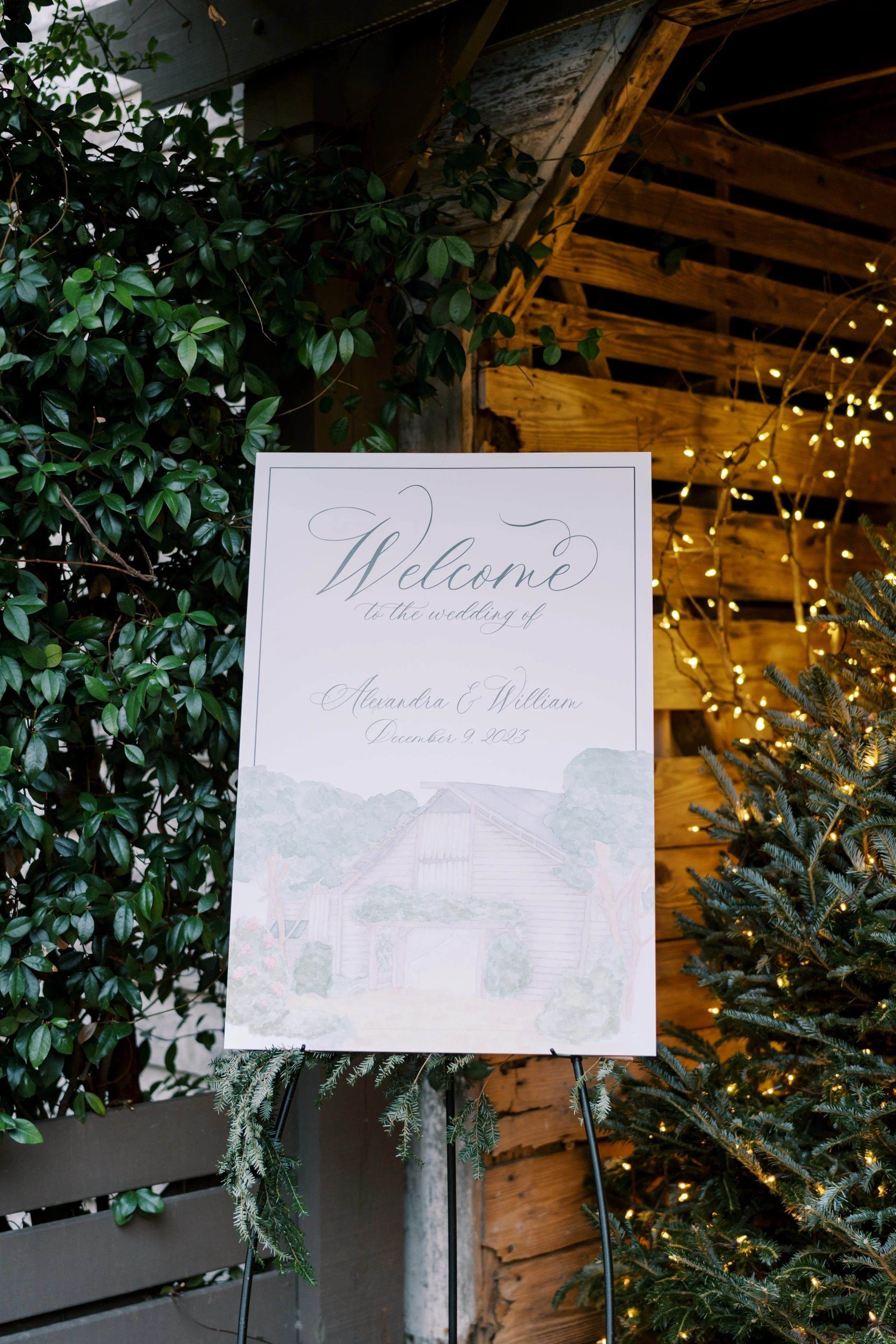 Watercolor venue painting welcome sign for winter wedding reception at Fearrington Inn in North Carolina