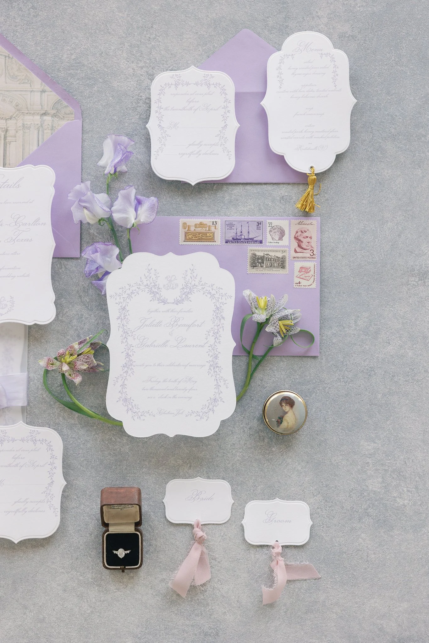 Dior luxury wedding invitations, lavender letterpress with vintage architecture envelope liner, menu with unique shape details card and gold tassels