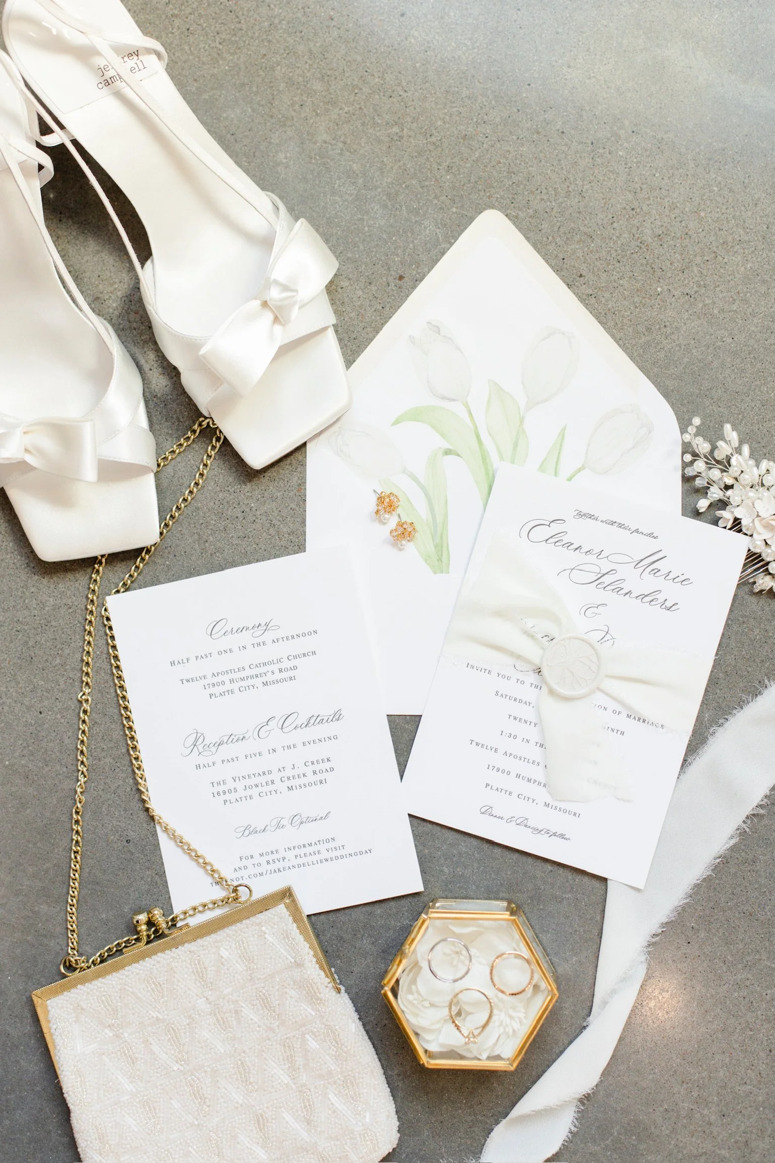 Eleanor Wedding Invitations Suite with letterpress, watercolor envelope liner, white silk ribbon and white wax seal