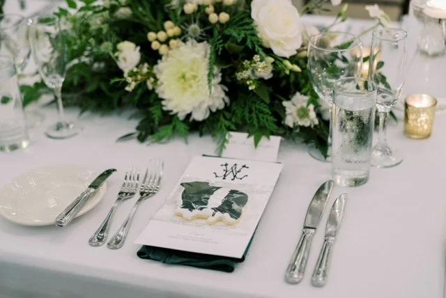 vintage monogram wedding menu, emerald green thermography for chic holiday christmas wedding