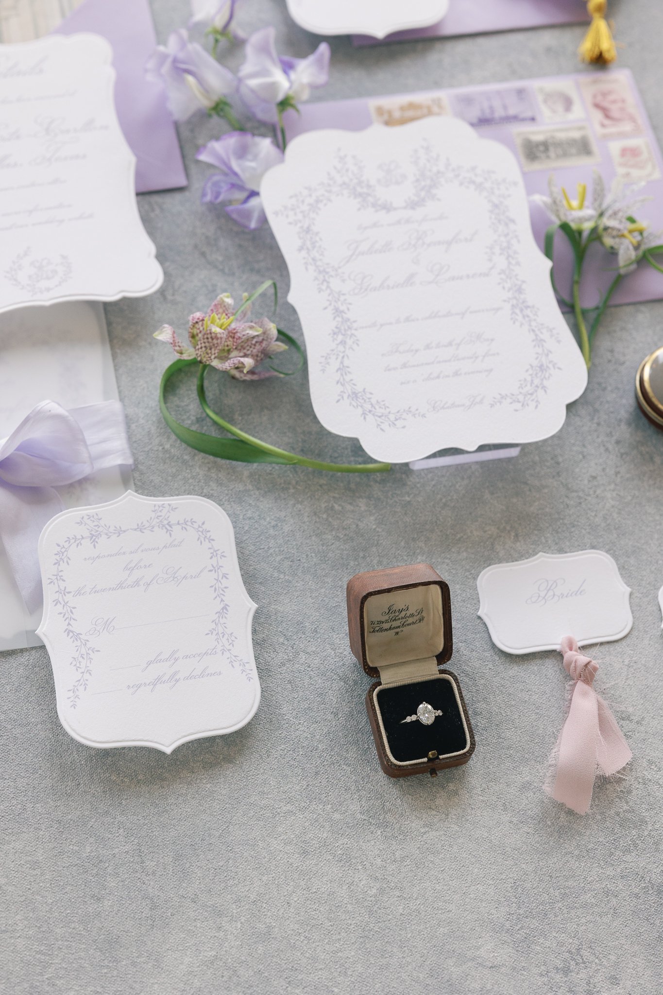 Dior luxury wedding invitations, lavender letterpress with vintage architecture envelope liner, menu with unique shape details card and gold tassels