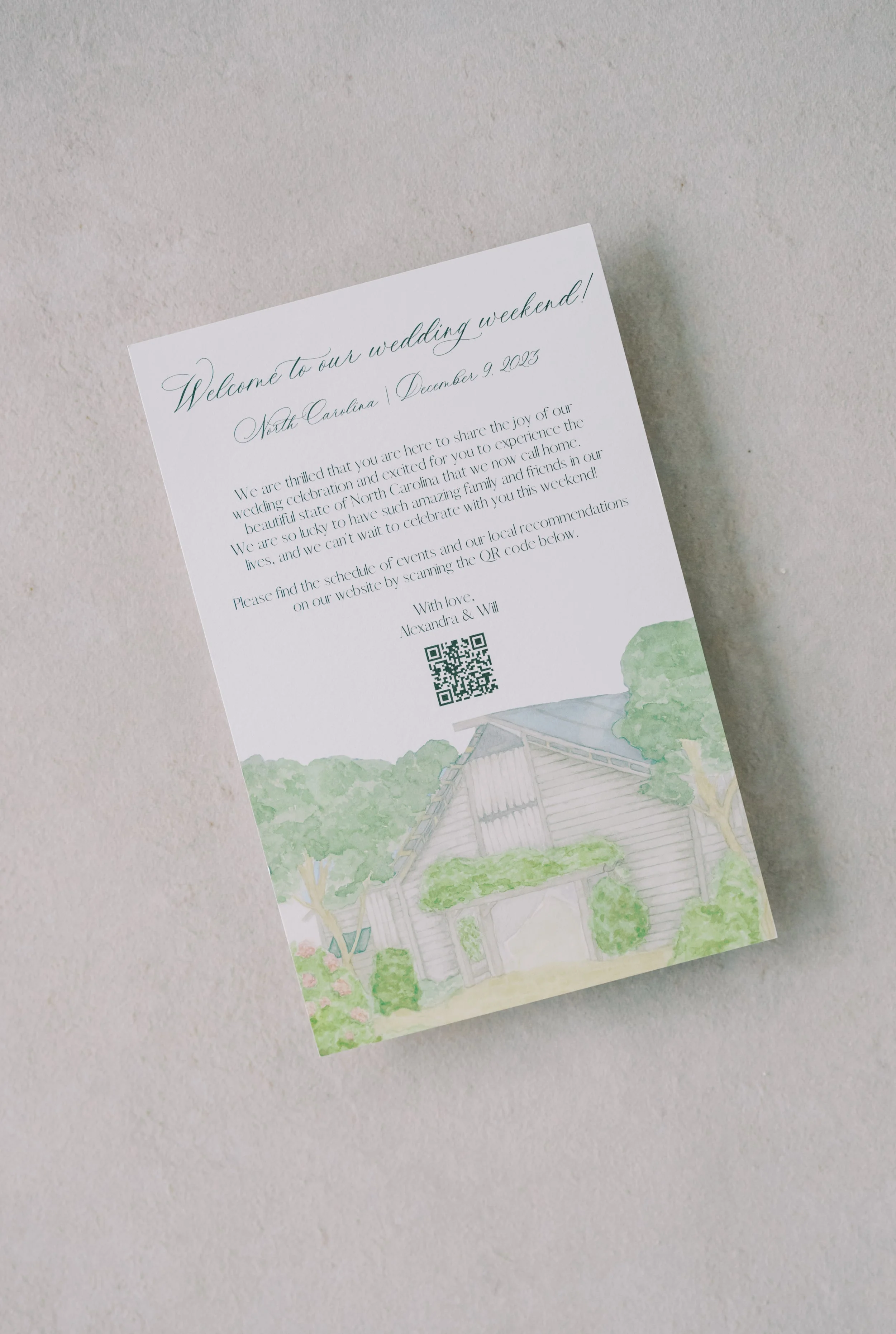 wedding weekend welcome note with QR code and watercolor wedding venue illustration