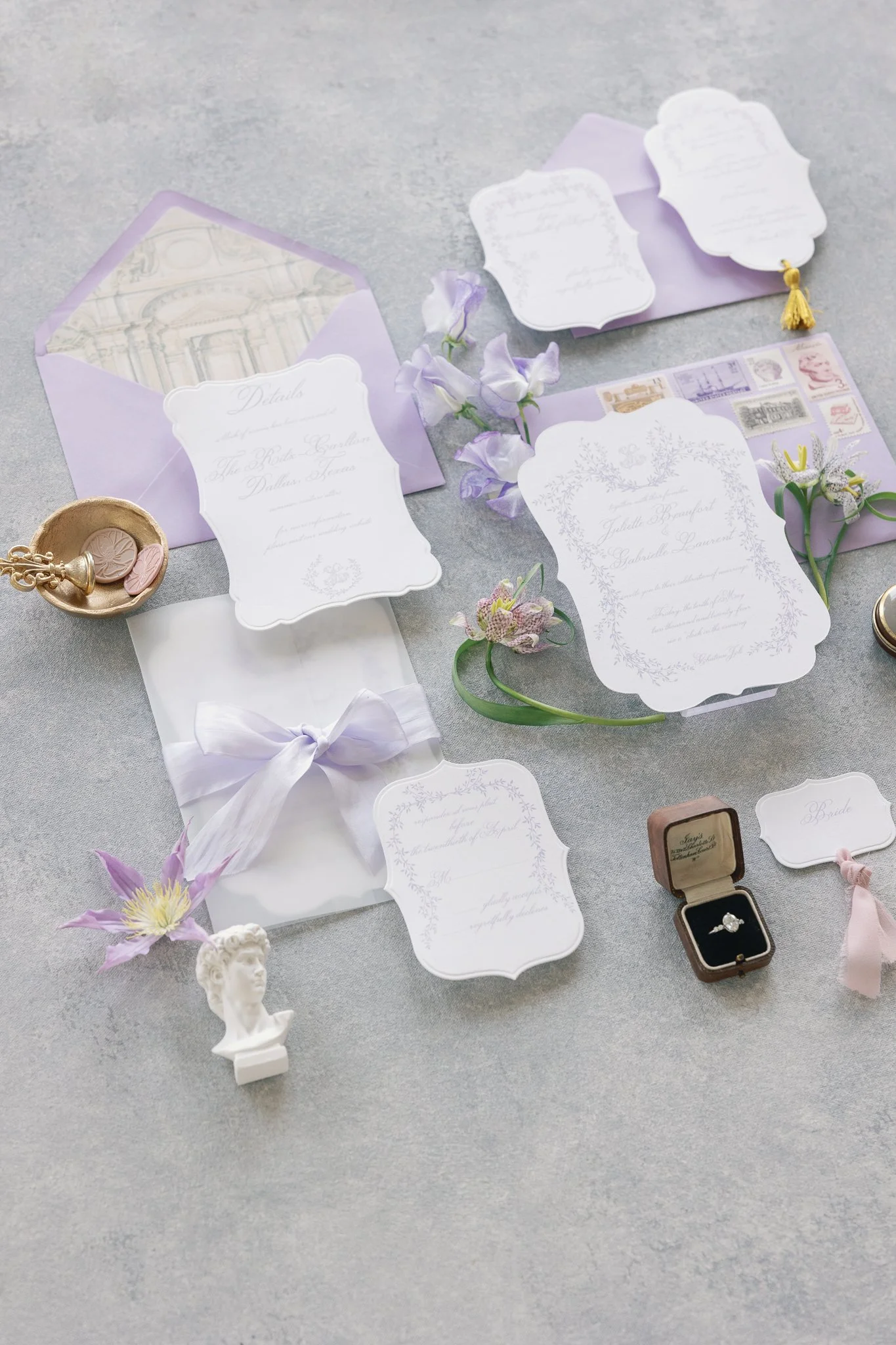 Dior luxury wedding invitations, lavender letterpress with vintage architecture envelope liner, menu with unique shape details card and gold tassels