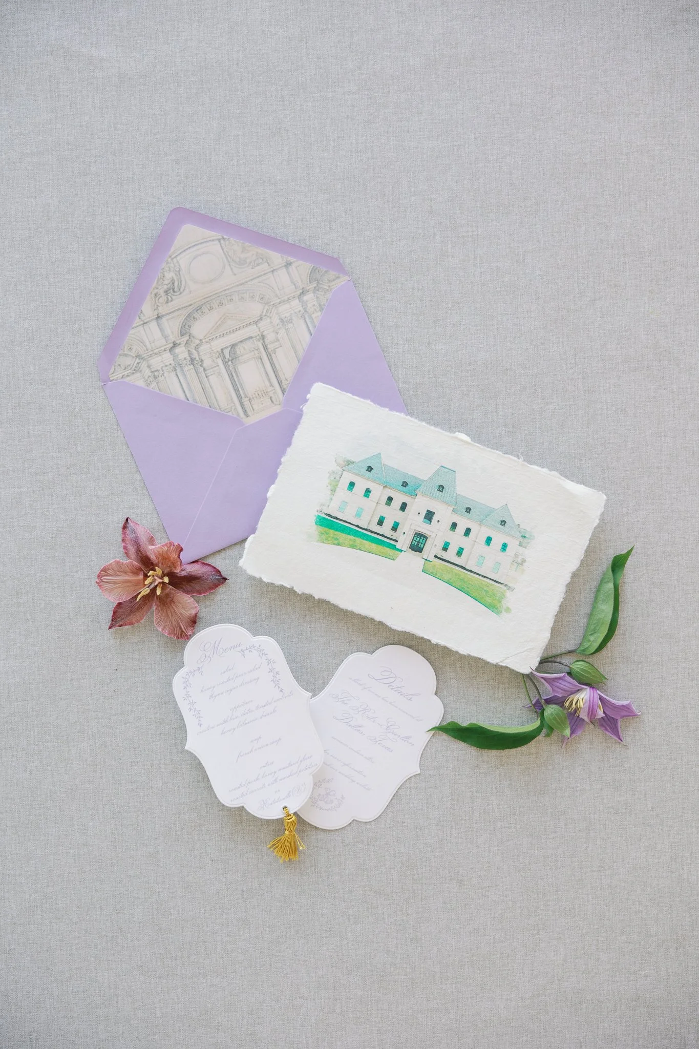 Dior luxury wedding invitations, with vintage architecture envelope liner, menu with unique shape details card and gold tassels