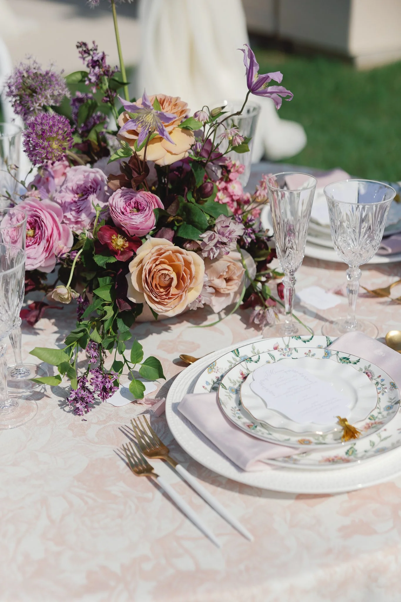 French luxury wedding invitations, with vintage architecture envelope liner, menu with unique shape menu card with gold tassels