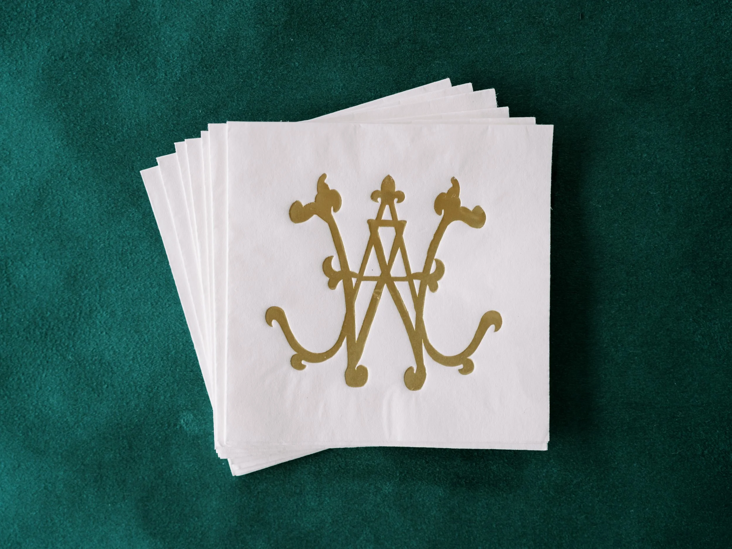custom cocktail napkins with vintage monogram in gold foil