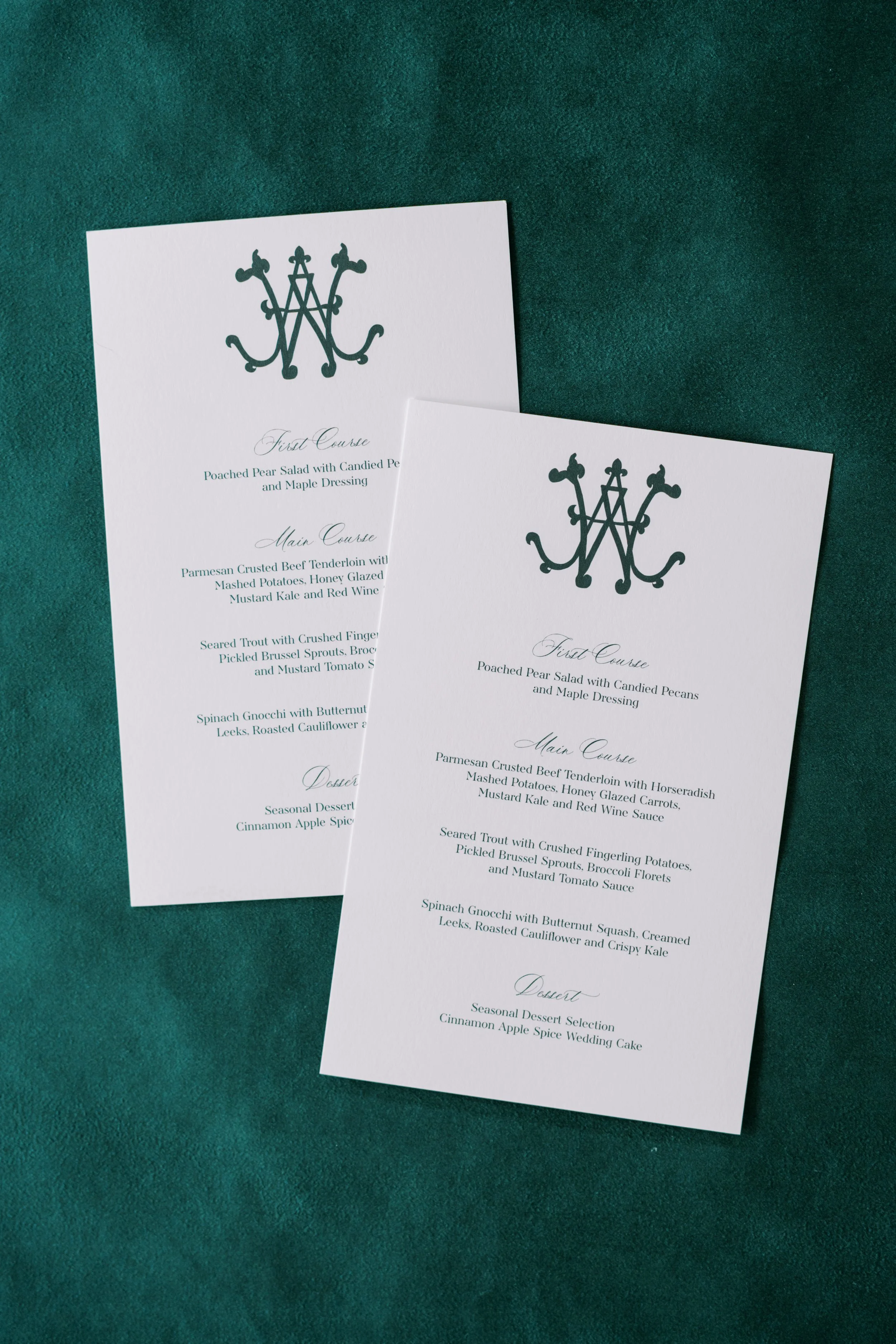 vintage monogram wedding menu, emerald green thermography for chic holiday christmas wedding