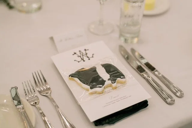 vintage monogram wedding menu, emerald green thermography for chic holiday christmas wedding