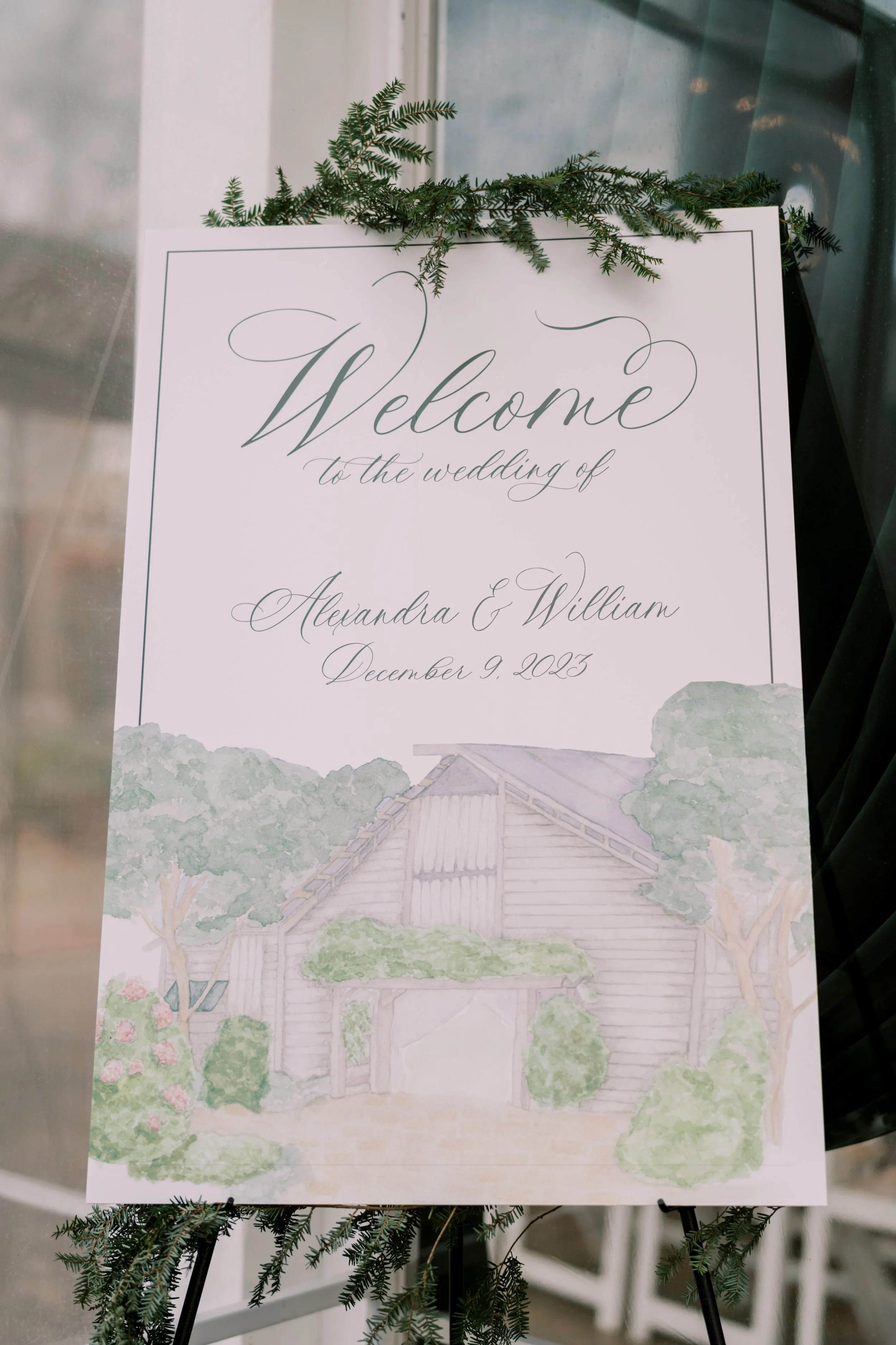 Watercolor venue painting welcome sign for winter wedding reception at Fearrington Inn in North Carolina