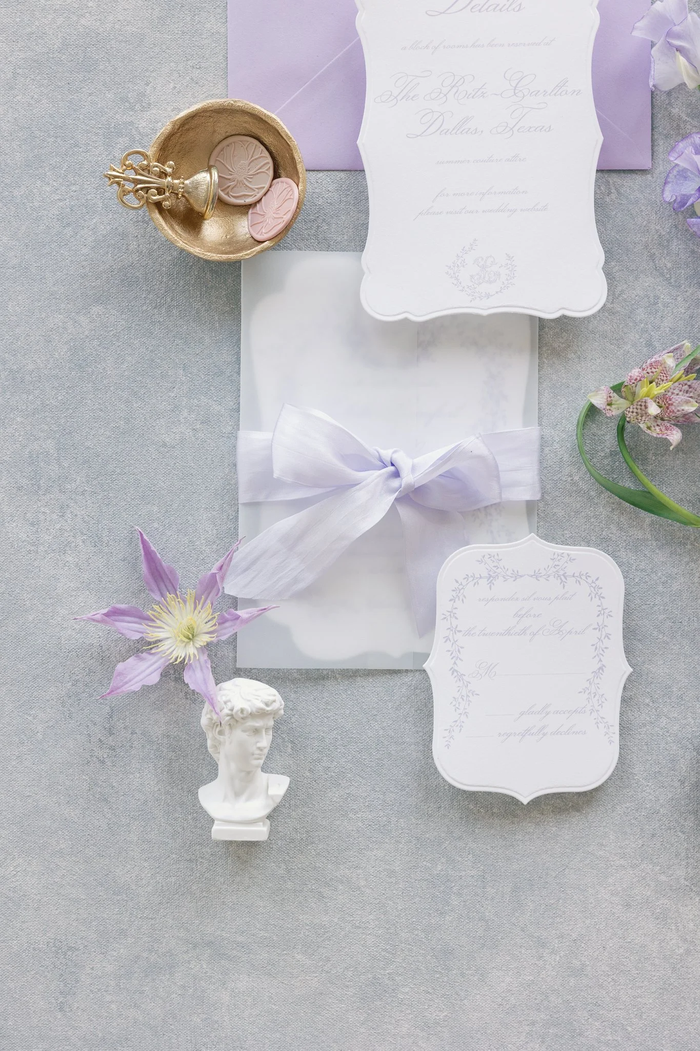 Dior luxury wedding invitations, with vintage architecture envelope liner, menu with unique shape details card and gold tassels