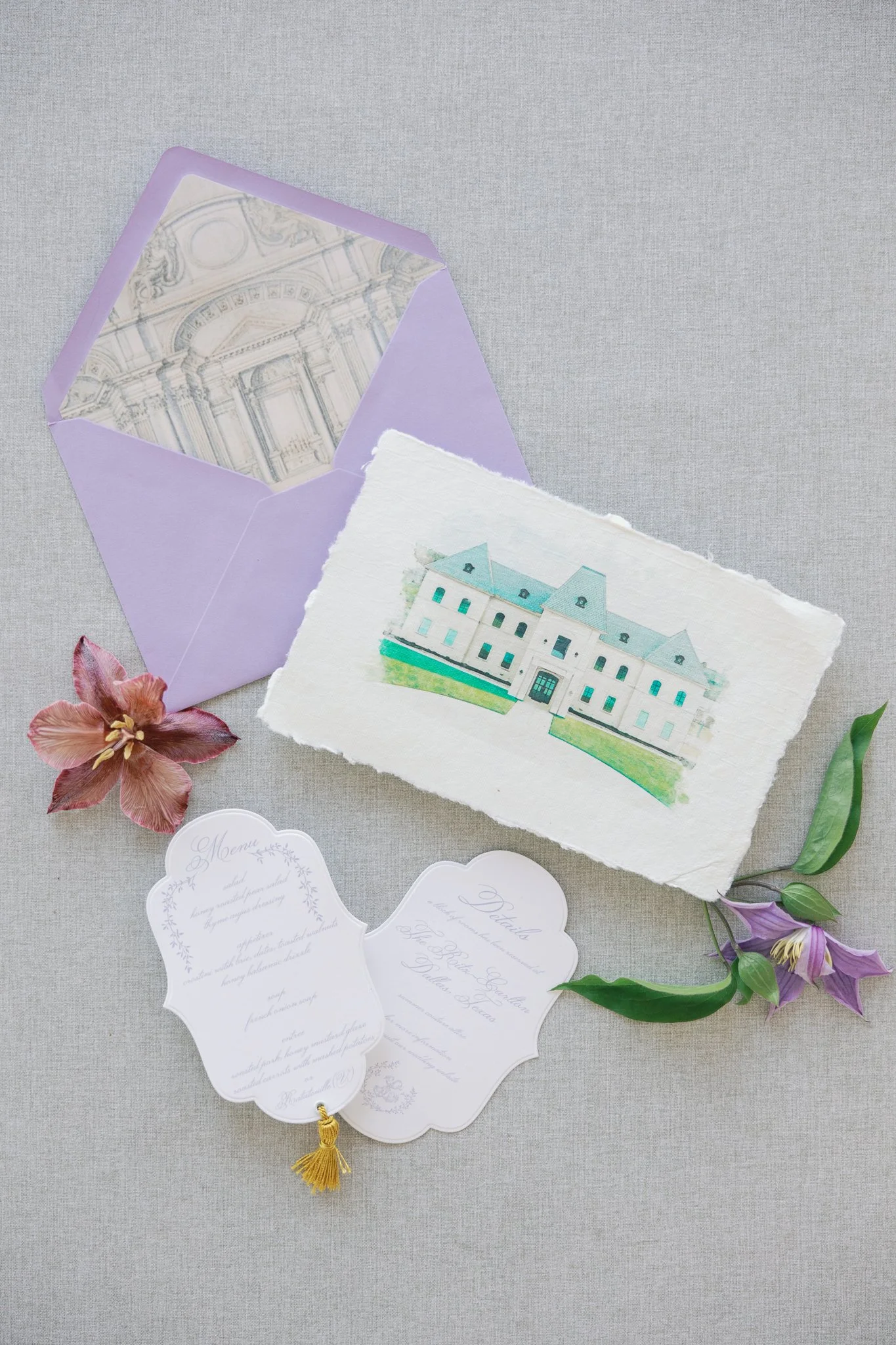 Dior luxury wedding invitations, with vintage architecture envelope liner, menu with unique shape details card and gold tassels