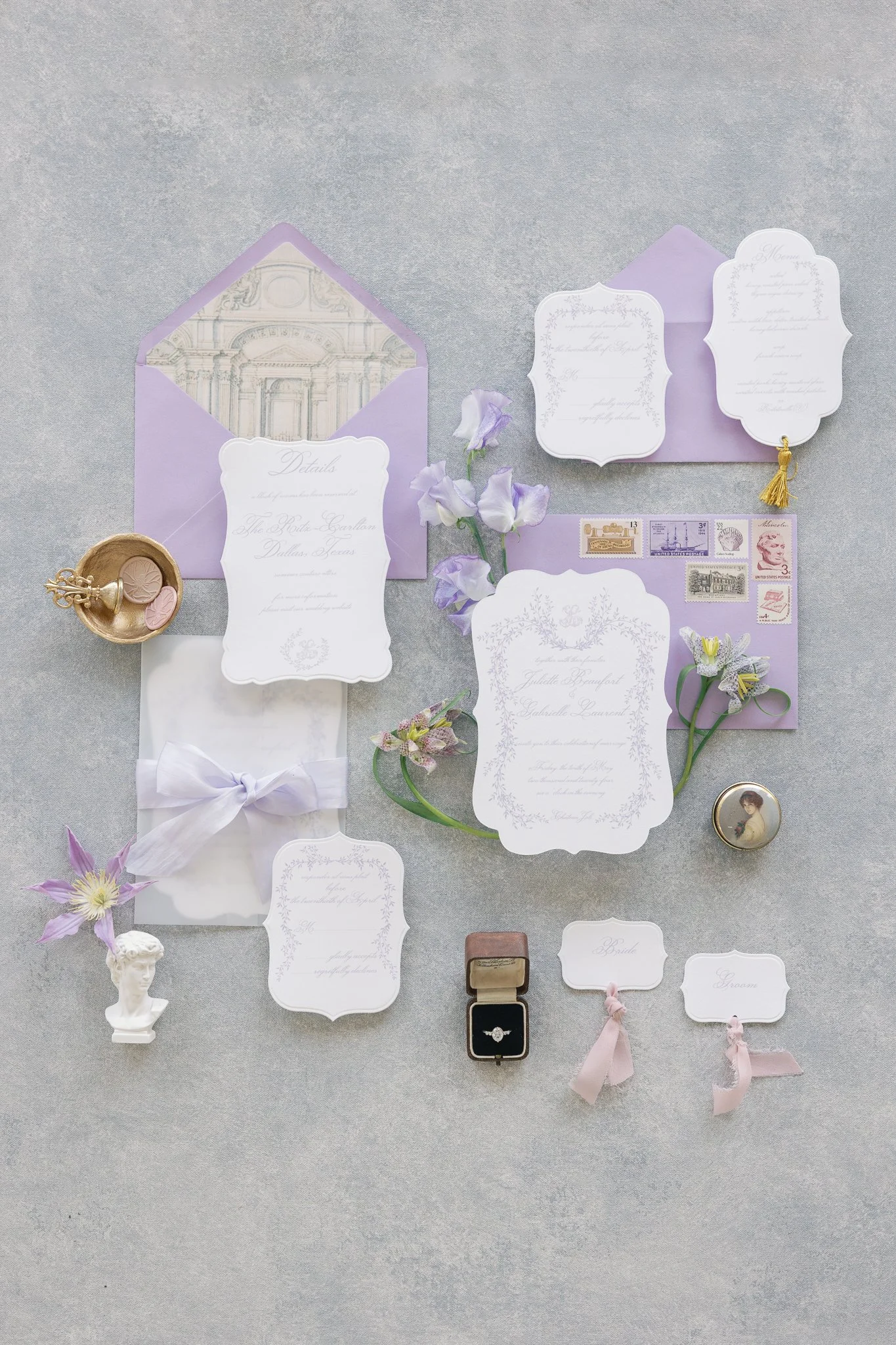 Dior luxury wedding invitations, lavender letterpress with vintage architecture envelope liner, menu with unique shape details card and gold tassels