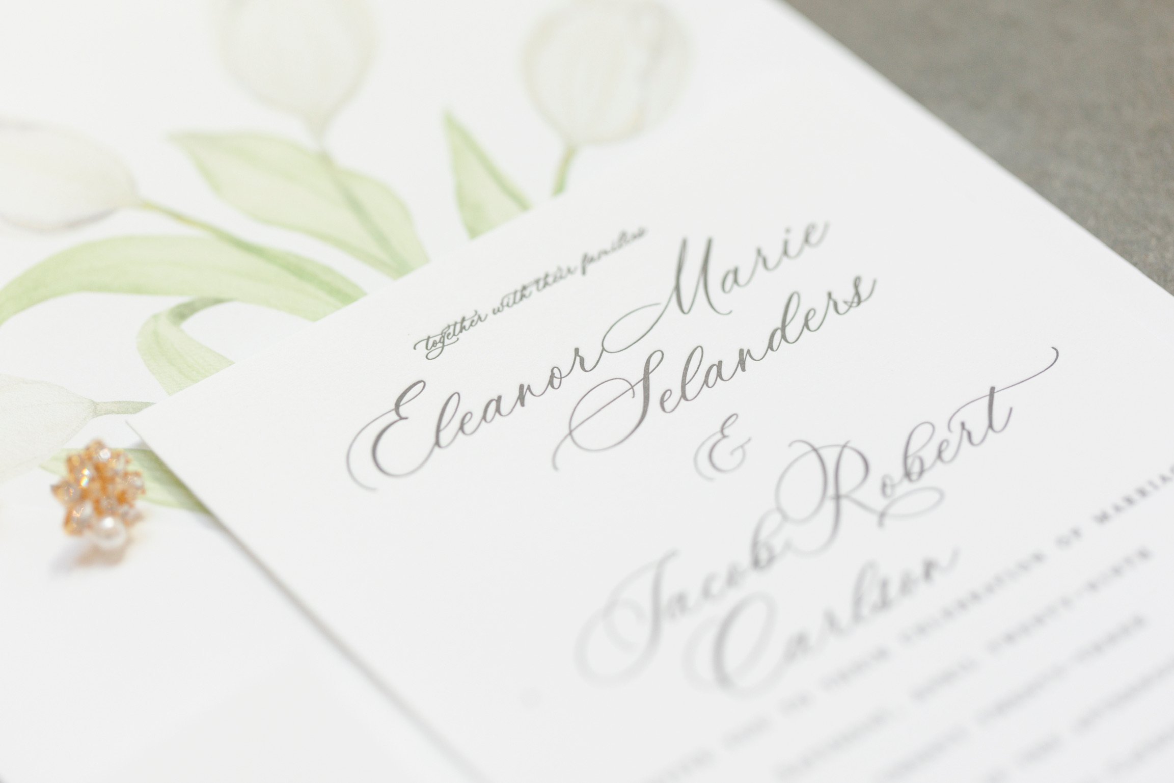 Eleanor Wedding Invitations Suite with letterpress, watercolor envelope liner, white silk ribbon and white wax seal